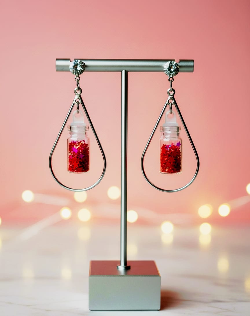 Crystal Stud Teardrop Hoop Earrings with Miniature Glitter Vials
