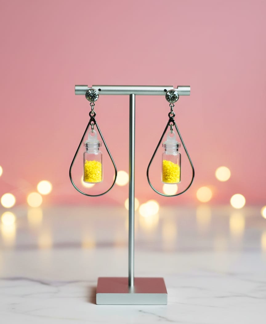 Tear Drop Vial Earrings with Miniature Yellow Beads, Whimsical 'Bottled Sunshine' Earrings
