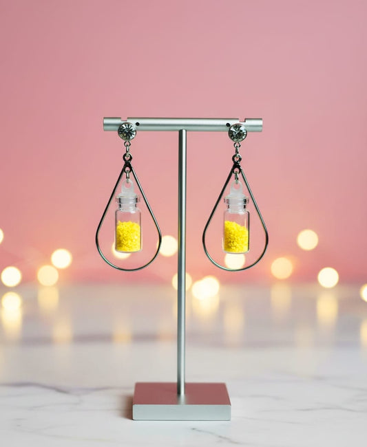 Tear Drop Vial Earrings with Miniature Yellow Beads, Whimsical 'Bottled Sunshine' Earrings