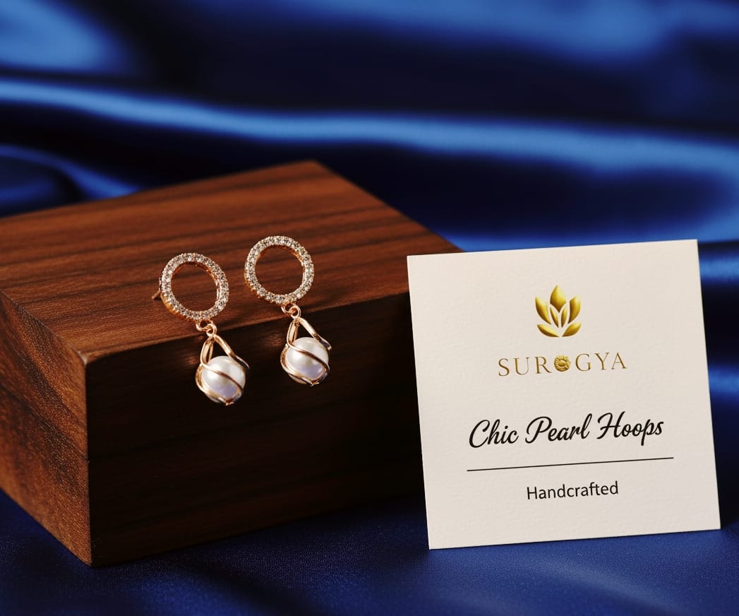 Surogya Rose Gold Plated Chic Pearl Hoops with Diamond Accents