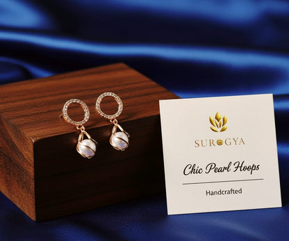 Surogya Rose Gold Plated Chic Pearl Hoops with Diamond Accents