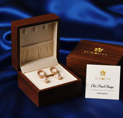 Surogya Rose Gold Plated Chic Pearl Hoops with Diamond Accents