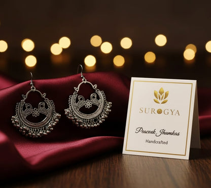 Oxidised Silver Peacock Design Jhumka Earrings by SUROGYA - Handcrafted