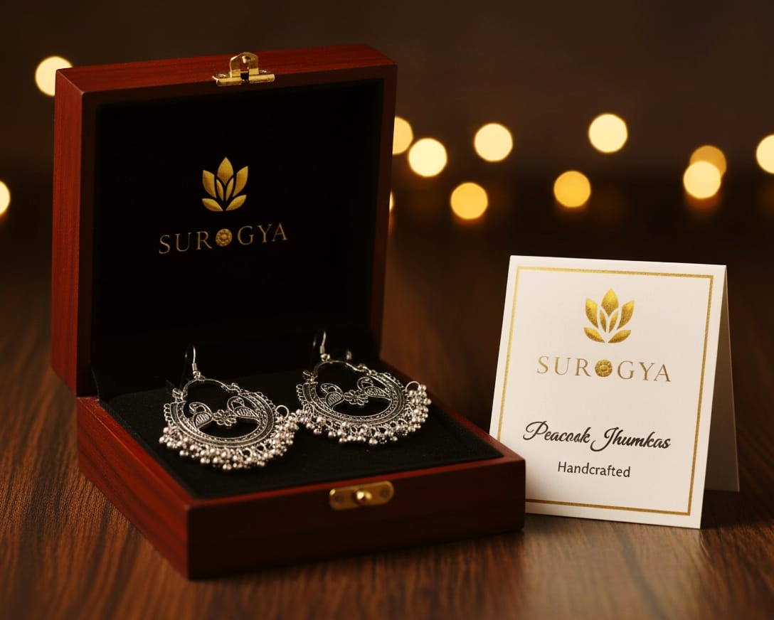 Oxidised Silver Peacock Design Jhumka Earrings by SUROGYA - Handcrafted