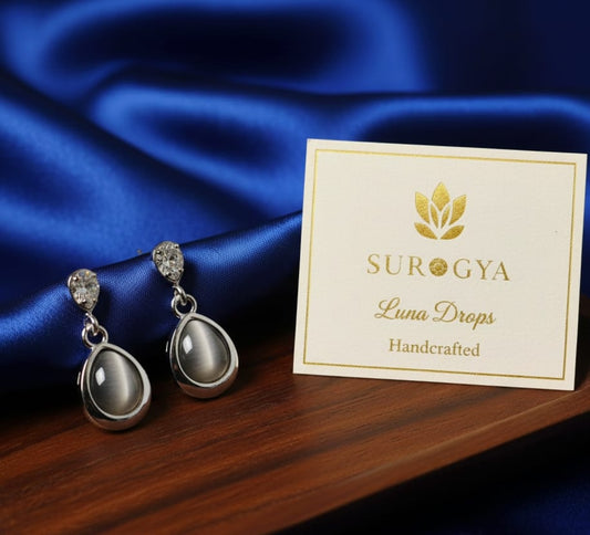 SUROGYA Luna Drops Handcrafted Grey Cat's Eye Stone Drop Earrings