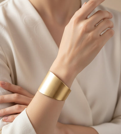 Sleek Minimalist Wide Gold Open Cuff Bracelet