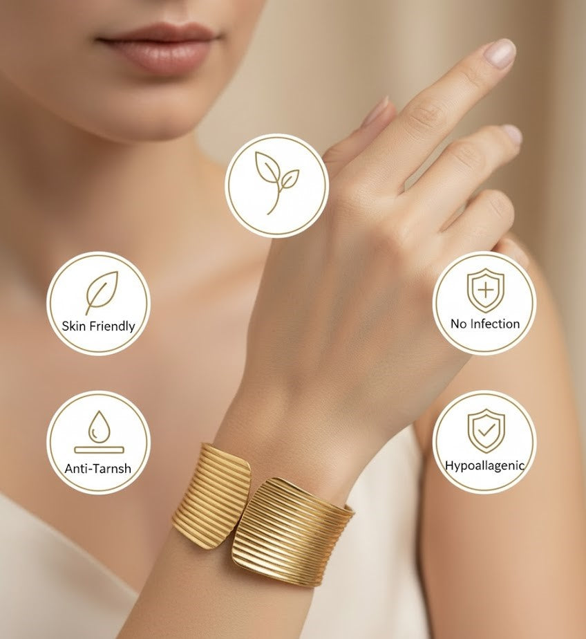 Surogya Bold Statement: Chunky Gold Ribbed Hinged Cuff Bracele