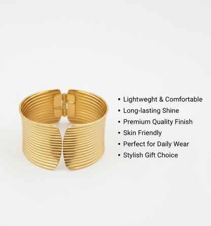 Surogya Bold Statement: Chunky Gold Ribbed Hinged Cuff Bracele