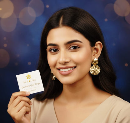 Surogya Geometric Gold Drops - Handcrafted Hexagon & Pleated Circle Earrings