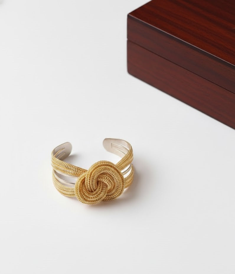 Dual-Tone Love Knot Cuff Bracelet | Gold Woven Open Bangle for Women