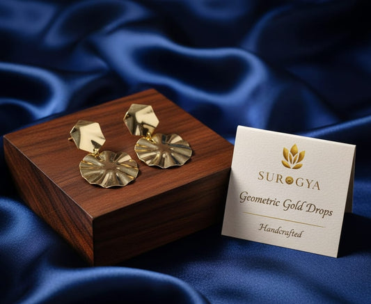 Surogya Geometric Gold Drops - Handcrafted Hexagon & Pleated Circle Earrings