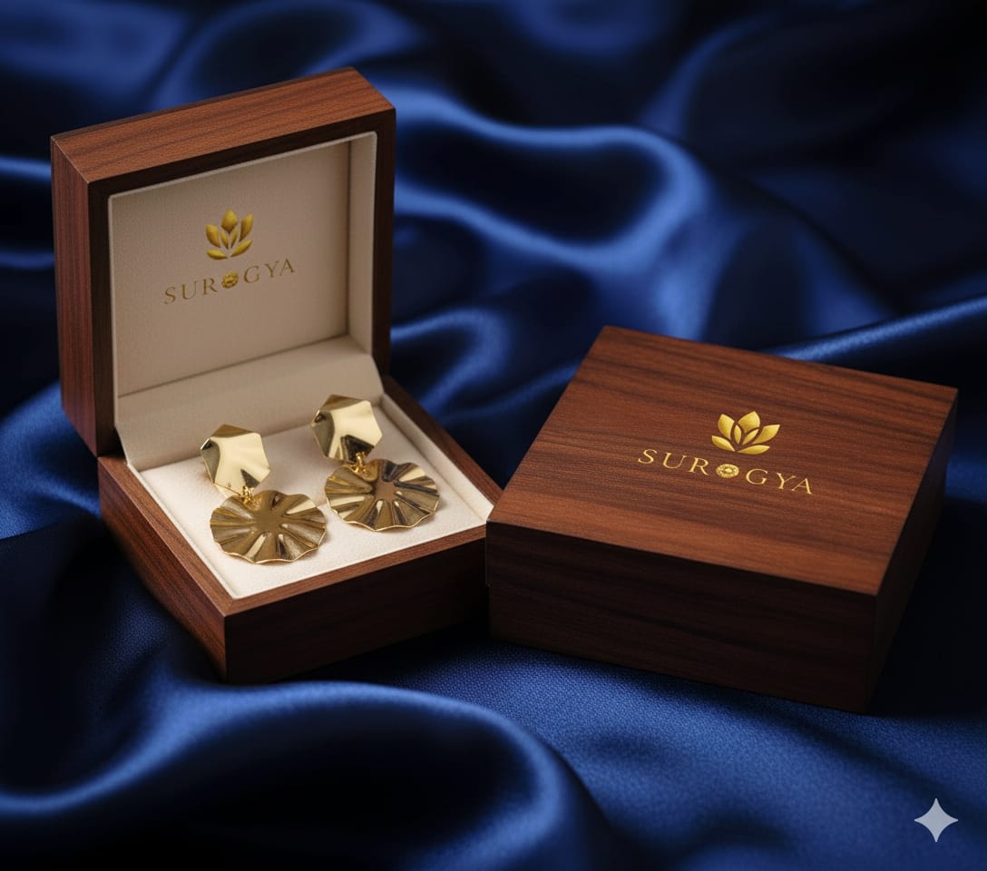 Surogya Geometric Gold Drops - Handcrafted Hexagon & Pleated Circle Earrings