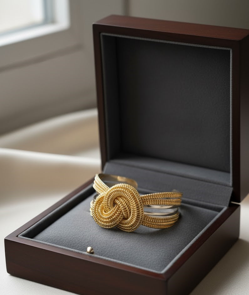 Dual-Tone Love Knot Cuff Bracelet | Gold Woven Open Bangle for Women