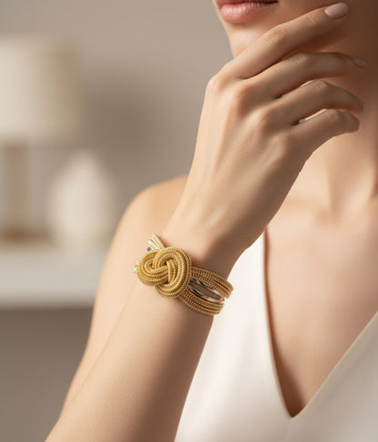 Dual-Tone Love Knot Cuff Bracelet | Gold Woven Open Bangle for Women