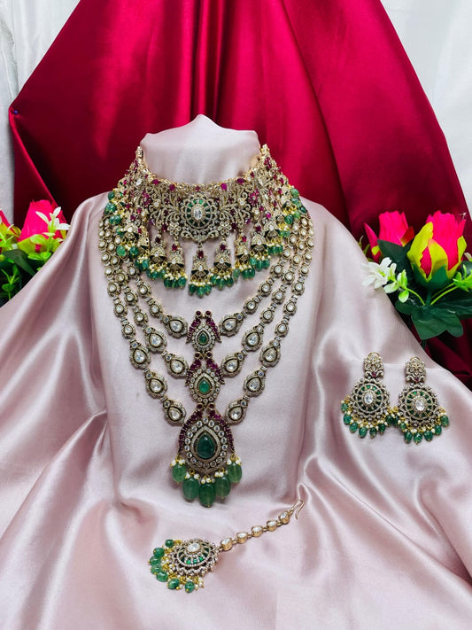 Grand Emerald & Ruby Layered Bridal Necklace Set with Earrings & Maang Tikka