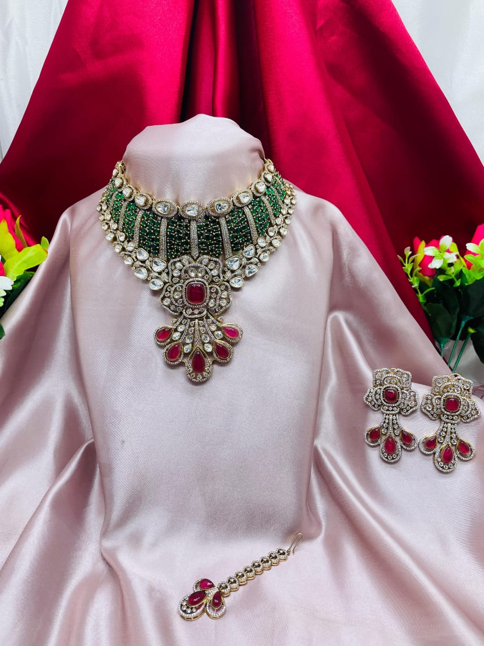 Royal Red & Green Kundan Bridal Necklace Set with Earrings & Maang Tikka