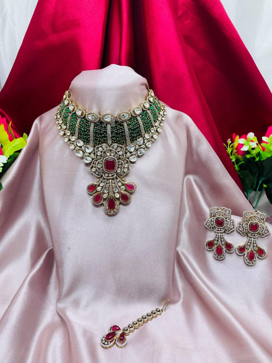 Royal Red & Green Kundan Bridal Necklace Set with Earrings & Maang Tikka