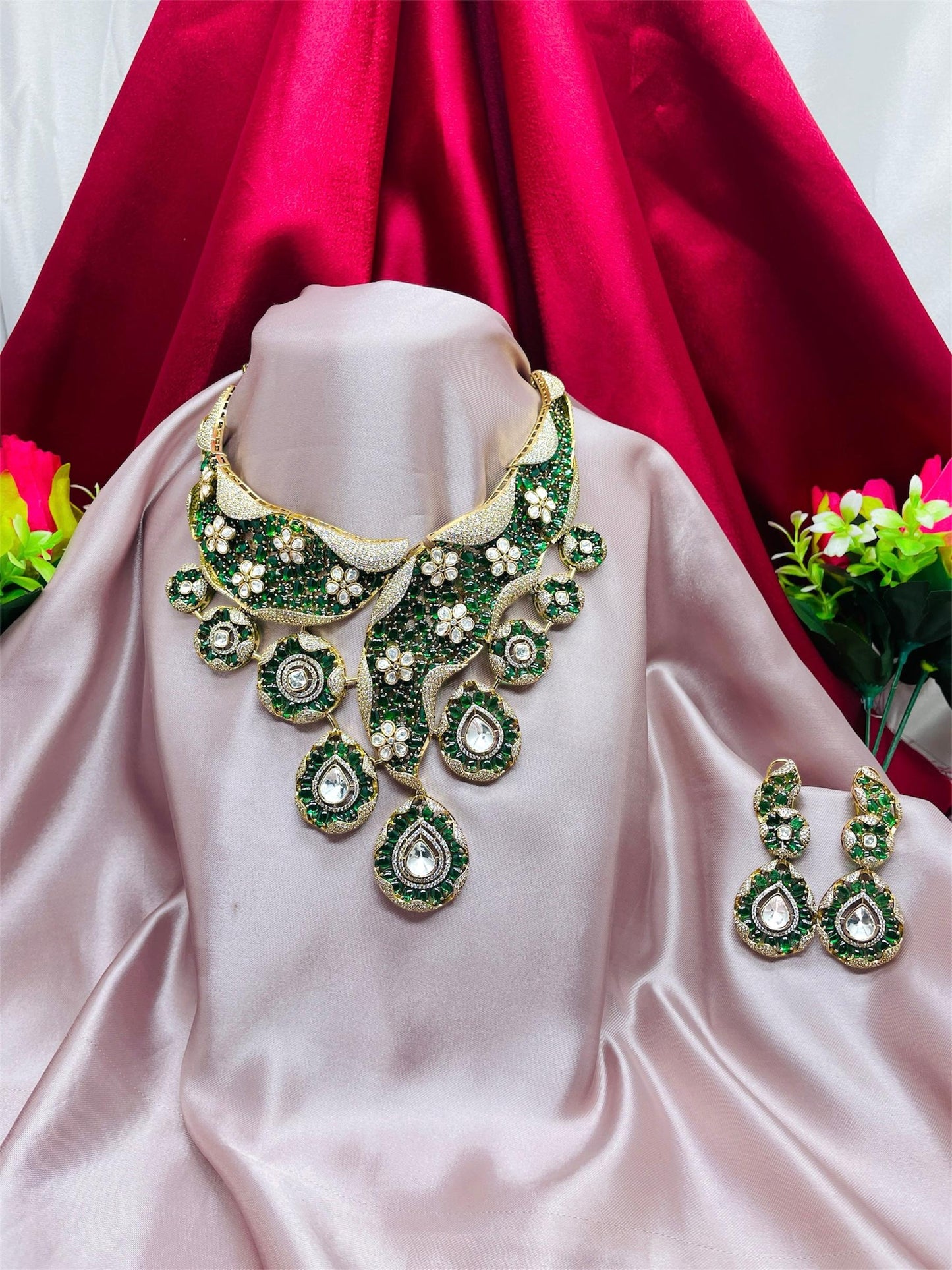 Elegant Floral Green Kundan Necklace Set with Earrings