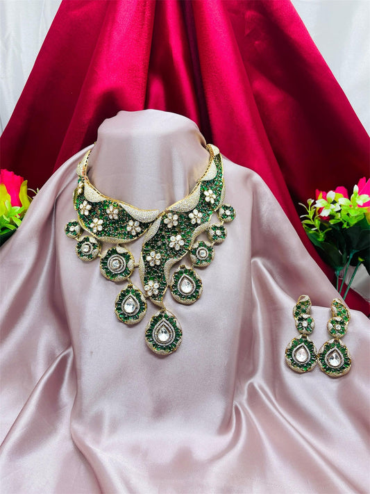 Elegant Floral Green Kundan Necklace Set with Earrings