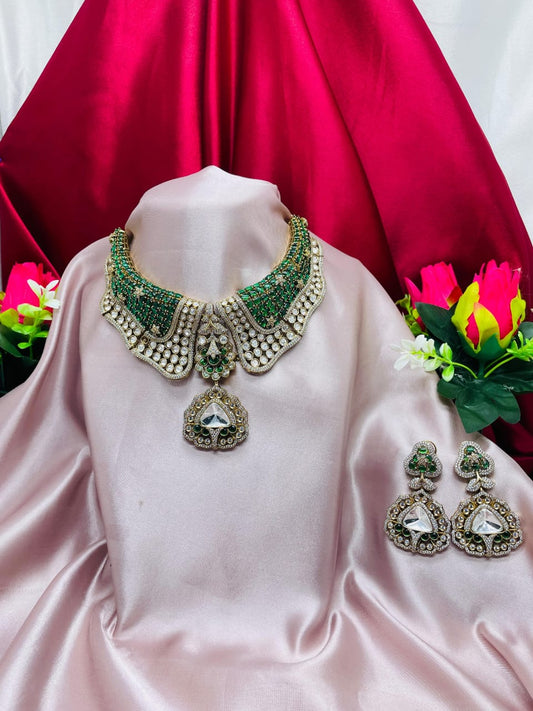 Emerald Green & Kundan Stone Necklace Set with Earrings | Designer Bridal Jewellery