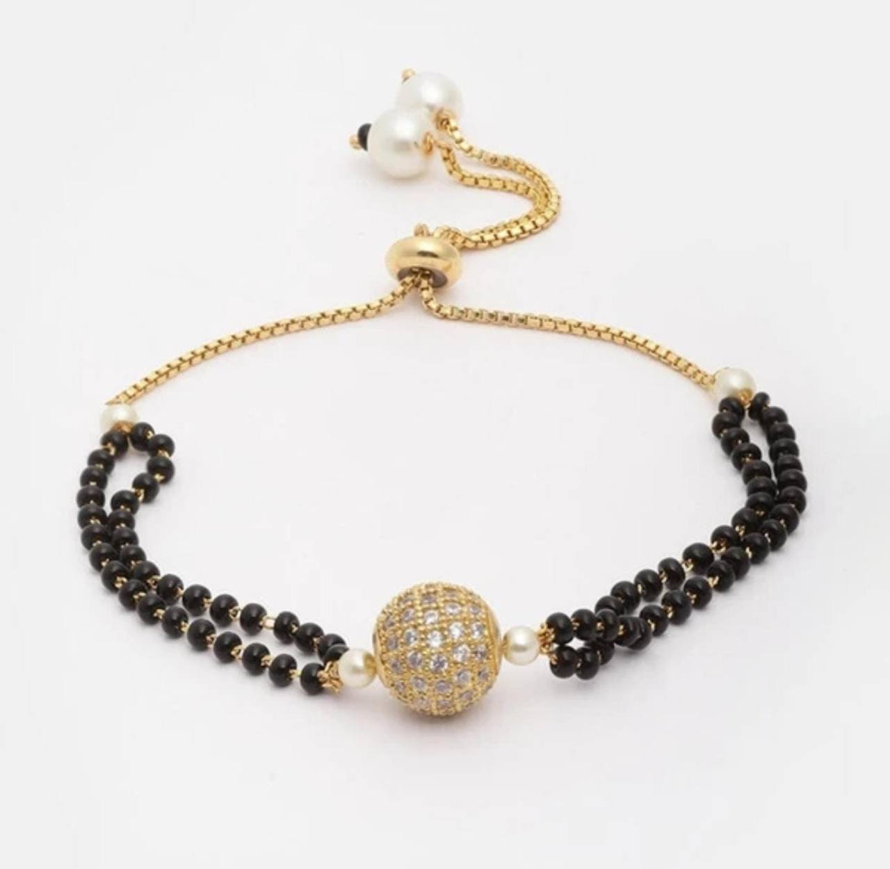 Surogya Adjustable Black Beads Mangalsutra Bracelet with Golden Stone Ball